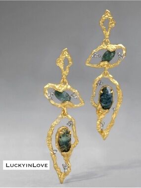 ALEXIS BITTAR •  Brut grey,  Green Agate Gemstone 
Long Earrings